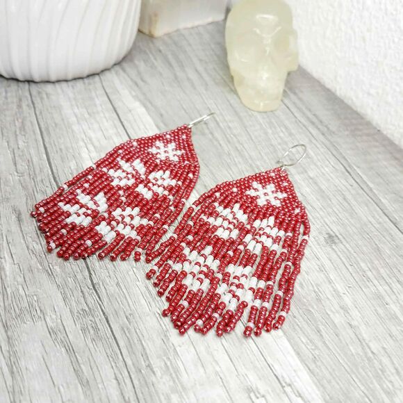 Large Holiday Beaded Fringe Cascade Shoulder Duster Dangle Earrings, Snowflakes - Picture 5 of 5